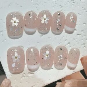 10Pcs XS Short Pink Floral Wearable Full Cover Press On French Nails Decoration
